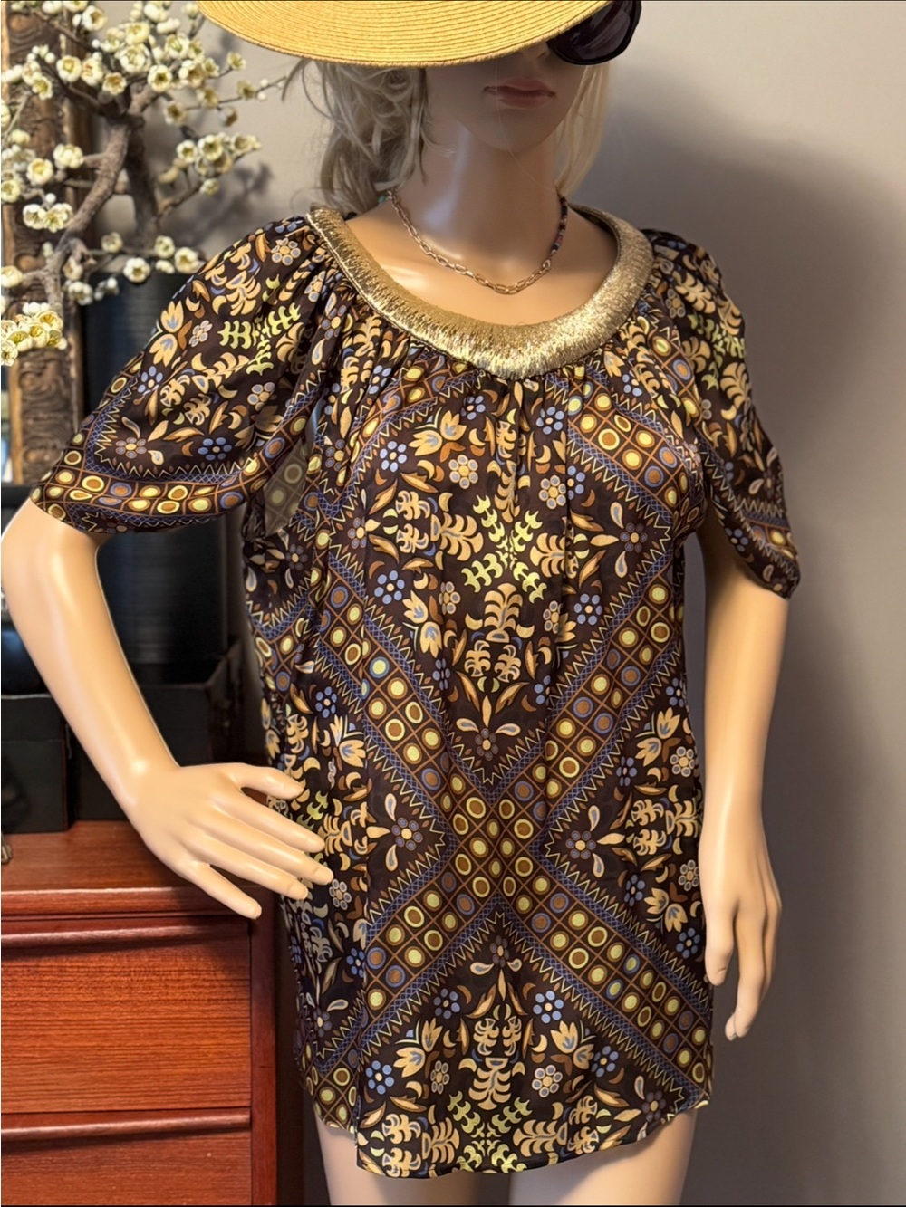 Escada Yellow and Brown Patterned Short Sleeve Blouse